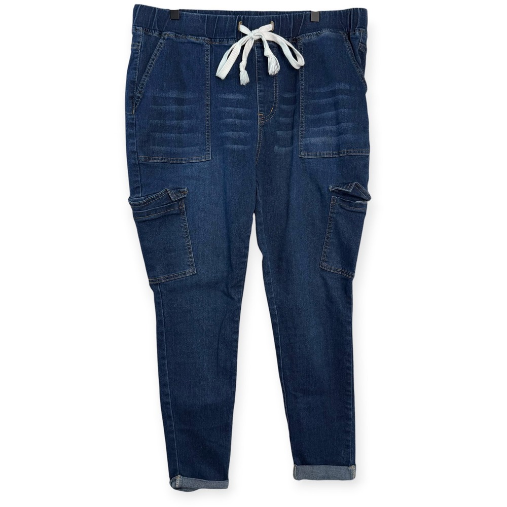 SHEIN Curve Womens 1XL Blue Denim Jogger Cargo Pants Elastic Waist Drawstring